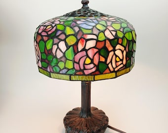 Vintage Stained Glass Lamp 15in Rose Floral Tiffany Style Table Lamp Cottagecore Mood Lighting Desk Decor