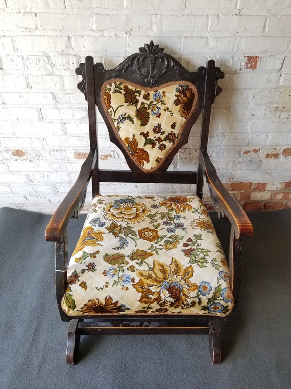 Antique Platform Rocker Rocking Chair Sweetheart Back Spring Loaded Carved Wood Eastlake Style Cottagecore Woodland Lodge Etsy