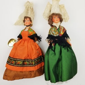 Vintage French Dolls Le Minor Seraphine and  Arlette Pair Dress Woman Original Tag Made in France Red Lace Silk Handpainted Face Celluloid