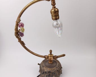 Antique French Lamp Gold Ormolu Gilt Gilded Porcelain Roses 1920s Style Art Nouveau France Romantic Ladies Dresser Boudoir Shade Included