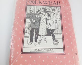 Vintage 1985 Folkwear 135 Jewels of India Sewing Pattern Unisex Kurta Kamiz Tunic Churidar Pants Gandhi Hat Boho Ethnic Misses Mens