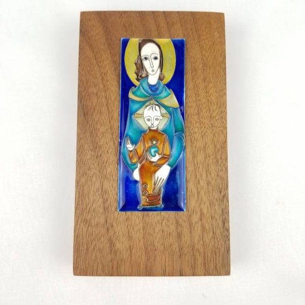 Mother Mary Infant Jesus Enamel Art on Wood Block Modernist Our Lady Madonna Christian Catholic Midcentury Croatian Estate Heirloom