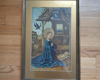 Vintage Framed Nativity Scene Print Renaissance Adoration of the Christ Child Catholic Wall Art Religious Home Decor Gold Frame 13x19
