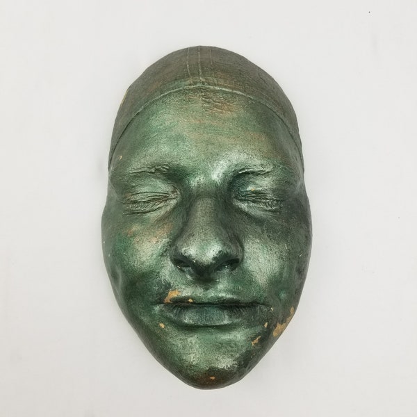 Art Deco Plaster Sculpture of Female Face Signed Dated 1934 Life Casting Metallic Green Death Mask 1930s Dadaism Depression Era