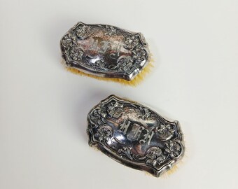 Antique Silverplate Military Brushes Pair Wallace Bros 173 Art Nouveau Floral Monogrammed Hair Clothes Brush Set