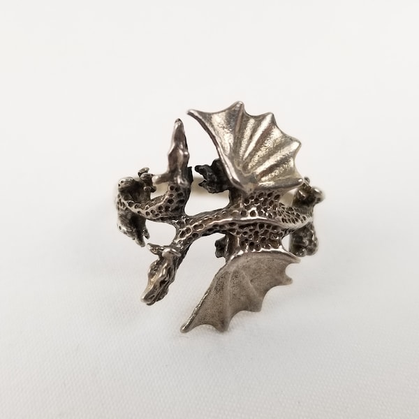 Dragon Pair Ring Size 7.75 Articulated Moving Head Sterling Silver 925 Serpent 3D Figural Jewelry Wraparound Mythical Creature Magick Wizard