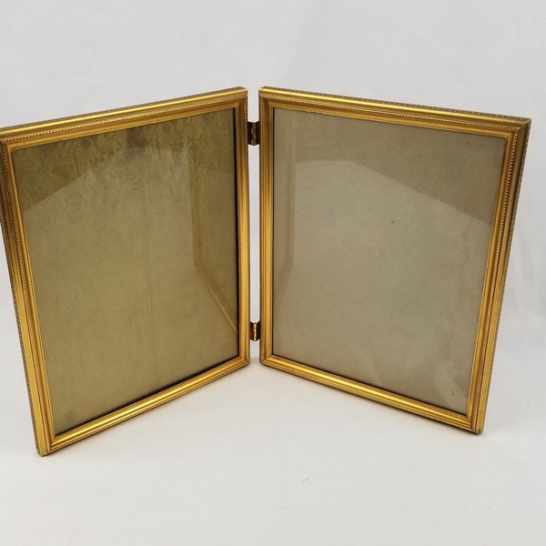 Vintage Double Fold Picture Frame Ornate Gold Tone Hinged Metal Triple 8x10 inch Midcentury Standing Tabletop Folding Duo Dual Pair Two