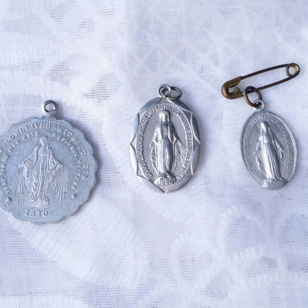 Vintage Saints Medals 1830 Children of Mary Oval Shield Prayer Angel Sacred Heart Religious Icon Charm Christmas Antique Holy Mother