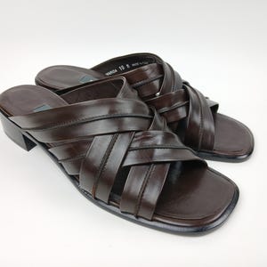 Bally Womens Size 10 Slides Slip On Sandals Brown Leather Chunky Block Heel Made in Italy Italian Designer Shoes for Women