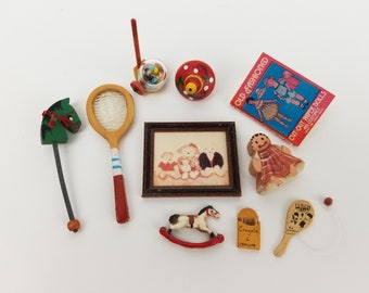 Dollhouse Miniature Classic Toys Crayons Ephemera Pewter Germany Kugel Baby Nursery Childrens Toys Playroom Diorama Shadowbox Tennis Racquet
