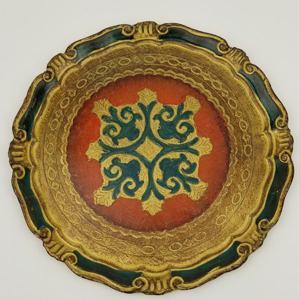 Florentine Tray 10-3/4" Italian Regency Hand Painted Gold Jewelry Holder Ring Keeper Ornate Italy Folk Art Gilt Gilded