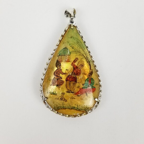 Antique Persian Teardrop Pendant Micro Painted Story Panel Bone Ethnic Jewelry Bedouin Romany India People Camel