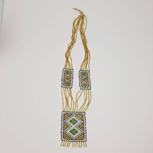 Loom Beaded Necklace Hippie Bib Square with Fringe Ethnic Gerdan Beadwork Estate Jewelry Seed Bead Boho Yellow Green Blue White