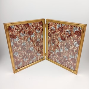 Vintage Double Fold Picture Frame Ornate Gold Tone Hinged Metal 8x10 inch Midcentury Standing Tabletop Folding Duo Dual Pair Two