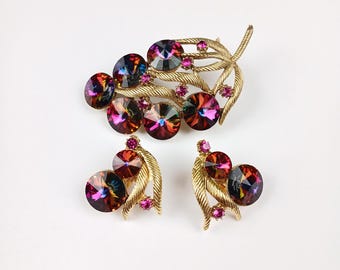 Vintage Aurora Borealis Jewelry Set, Gold Tone Leaf Brooch and Earrings, Iridescent Crystal Jewelry, MCM Costume Jewelry, Pink Rhinestone