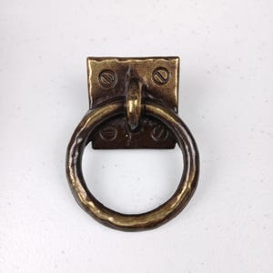 Brass Drawer Pull Solid Brass Ring Pull with Backplate Door Knocker Trunk Treasure Chest Hardware Burnished New Old Stock