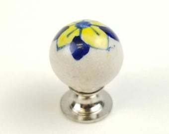 Flower Drawer Knob 7/8 inch Round Porcelain Ball Pull French Provincial Chic Dresser Blue Yellow Cabinet Door Handle Ceramic White Silver