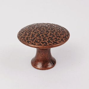 May include: A bronze-colored cabinet knob with a textured, patterned surface. The knob has a rounded, mushroom-like shape with a short, flared stem. The finish has a rustic, antique appearance.