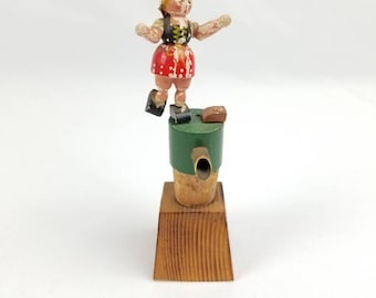 Vintage Bottle Stopper Cork Beer Tap Spout Topper German Bavarian Erzgebirge Wooden People Figural Mechanical Folk Art Swiss Alps Tyrolean