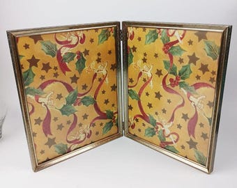 Vintage Picture Frame 8x10 Double Fold Ornate Gold Tone Hinged Metal Midcentury Standing Tabletop Folding Duo Dual Pair Two