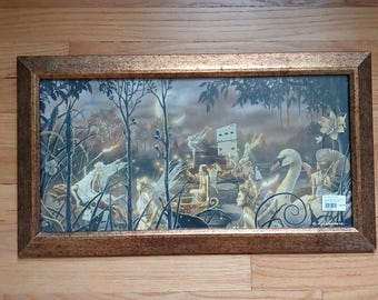 David Delamare Spring Procession Framed Art Print Vintage Fairycore Fantasy Wall Decor Whimsical Fae Swan Boat Picture 13x22"