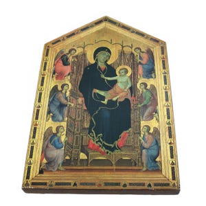 Virgin and Child Icon 14&quot;  Wood Lacquer Tole Ware Rucellai Madonna Duccio Gold Christian Art Religious Jesus Altar Plaque Wall Decor Florenc