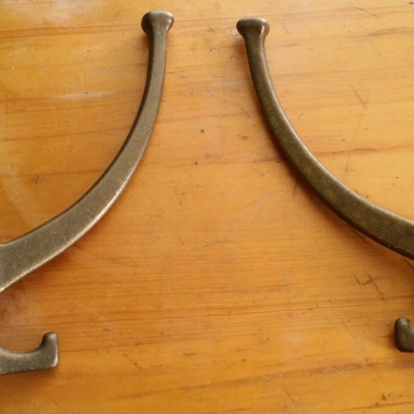 Art Deco Coat Hooks // Wall Hooks Pair // Brass Large Patina