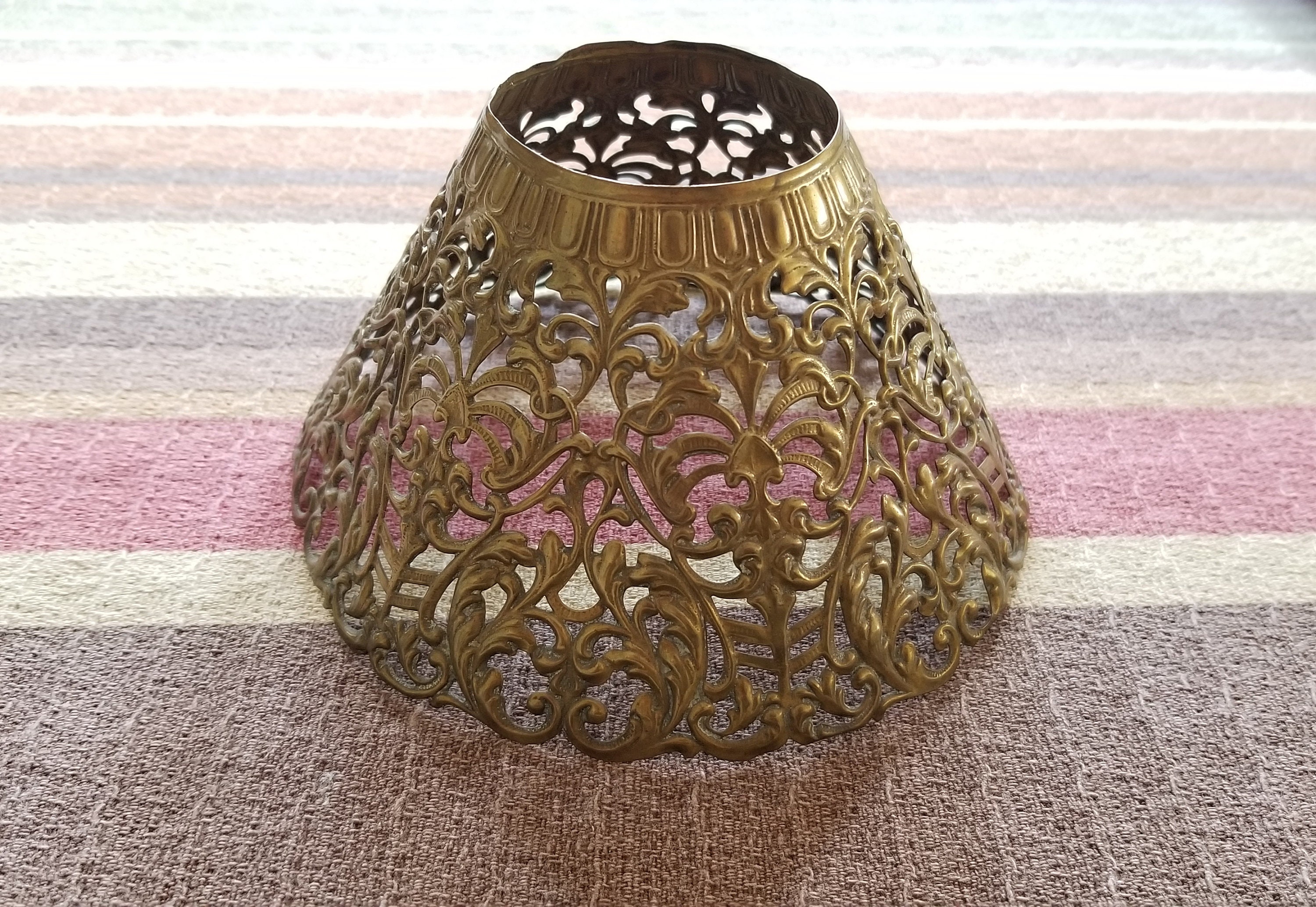Antique French Copper Lace Lamp Shades Dresden 3.25 inch Boudoir Lamps Filigree Overlay Stamped Victorian Lampshade Frame Small Tole Ware