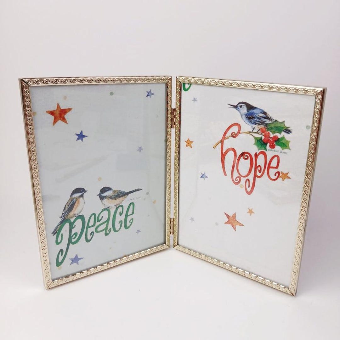 Vintage Double Fold Picture Frame Ornate Gold Tone Hinged Metal Triple ...