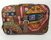 Vintage Suitcase Mod Fabric 1960s Made in Japan Retro Kawaii Kei Paisley Design Brown Orange Pink Travel Bag Train Case Luggage Carry On