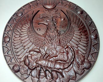 Vintage Carved Wood Scorpio Zodiac Plaque Astrological Wall Art Boho Eagle Phoenix Scorpion Moon Wall Hanging Esoteric Occult Wood Decor