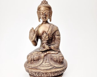 Vintage Brass Meditating Buddha Statue Aged Bronze Zen Altar Decor 6.5"