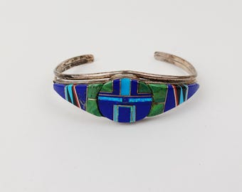 Vintage Chris Tom Navajo Sterling Silver Inlay Cuff Bracelet Lapis Turquoise Opal Malachite Gemstone Native American Jewelry