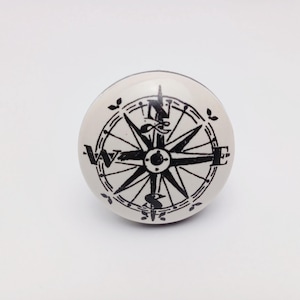 Bouton de tiroir en céramique boussole nautique 1 5/8 po., porcelaine blanche antique, poignée de remplacement du matériel de meubles de maison de plage côtière