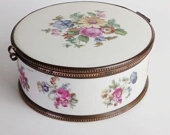 Vintage FBS Czechoslovakia Porcelain Hinged Powder Box Mirror Hand Painted Floral Dresser Jar Vanity Jewelry Dish Large 6 Inch