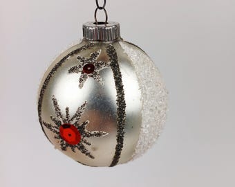 Vintage Christmas Ornaments 8pc Silver Red Midcentury 1940s Antique Mercury Glass Mica Glitter
