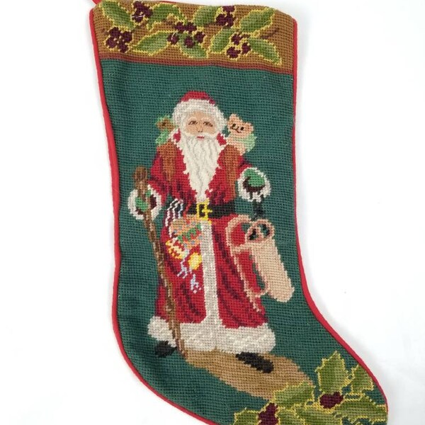 Vintage Kerst kous 10x17 Zware Gebreide Wol Needlepoint Oude Wereld Santa Rood Wit Groen