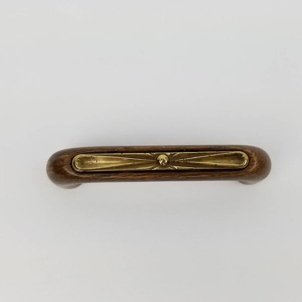 Oak Wood and Brass Drawer Pull 3.5 centers Amerock New Old Straight Bar Curved Handle Cabinet Rustic Burnished Patina Dresser Handles