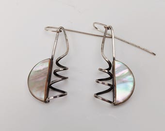 Vintage Sterling Silver Wire Earrings Mother of Pearl Spiral Drop Geometric Half Moon Dangle