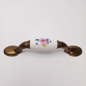 Vintage Brass Drawer Pull 3" Screws White Ceramic with Flowers Gold Tone Brass Curved Handle Kitchen Cabinet