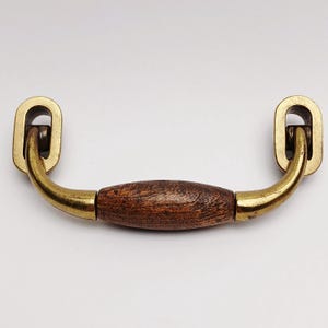 Può includere: Una maniglia per cassetto caratterizzata da una sezione centrale in legno marrone scuro con venature, affiancata da bracci in ottone curvato. La maniglia è fissata a due piastre di montaggio rettangolari in ottone con estremità arrotondate.