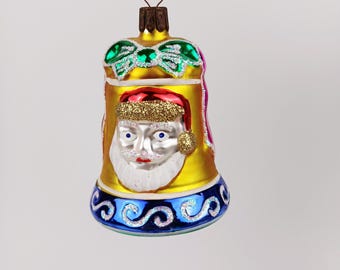 Santa Bell Ornament Mercury Glass Glitter Czech 4"