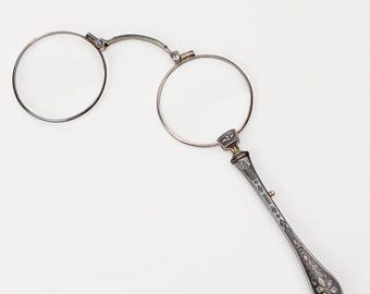 Antieke 900 zilveren Niello Lorgnette opvouwbare operabril vergrootglas art nouveau Chatelaine