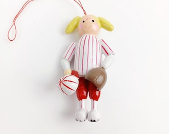 Miniature Wooden Ornament People Girl Baseball Softball Sports Dansk Scandinavian Holiday Kugel