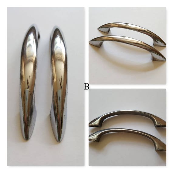 Mid Century Drawer Handles Silver Chrome Curved Kitchen Cabinet Door Sleek Streamline Machine Age 1950s Hardware Pair 17a