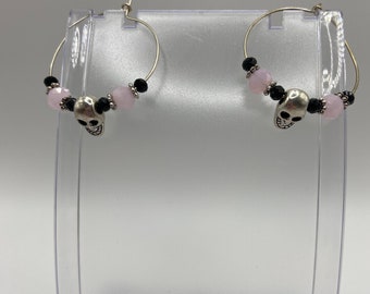 Beaded Black & Pink Skull  Hoop Earrings