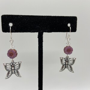 Czech Hibiscus flower & Swarovski  Crystal Butterfly Dangle earrings