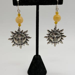 Sun face Boho Style Dangle Earrings, Celestial Sterling Silver Face, Golden Yellow Amber Jade Beads & Swarovski Crystals