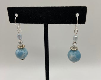 Sterling Silver Larimar & Fresh Water Pearl Dangle Earrings