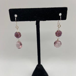 Czech Hibiscus flower & Swarovski light Amethyst Crystal Dangle earrings